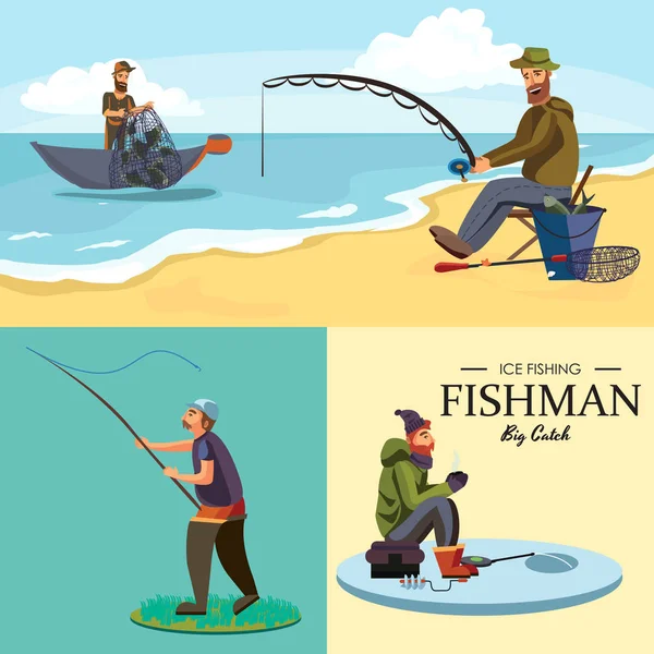 Flat fisherman hatt sitter på stranden med fiskespö i handen och fångster hink och net, Fishman virkade snurra i vattnet och väntar på stor fisk roliga vektorillustration, Man aktiva banner koncept — Stock vektor