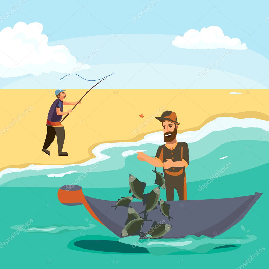 Cartoon fisherman standing in hat and pulls net on boat out of sea