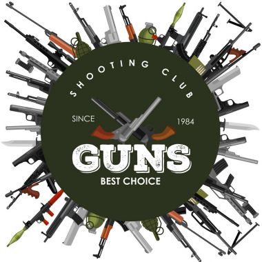 askeri silah ayarla, otomatik ve el silah mermi koruma shoting veya savaş toplama için av ekipmanları, mühimmat arka plan vektör çizim için tabanca ile dergi varil içinde