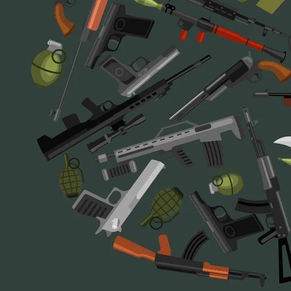 Juego de armas militares, arma automática y de mano en el cañón del cargador con balas para la protección de tiro o colección de guerra, pistola para equipos de caza, munición fondo vector ilustración — Vector de stock