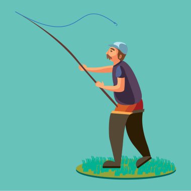 Lastik çizmeler balıkçı bir çizgi ile bir olta atar ve anIayamadım için suya tığ işi, karakter adam spin tatil kavramı vektör çizim ile açıkta balık ayakta yakalar