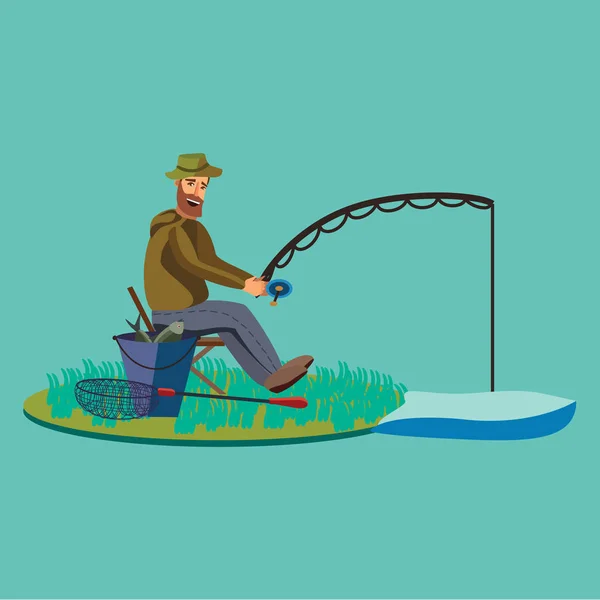 Flat fisherman hat sits on shore with fishing rod in hand and catches bucket and net, Fishman crocheted spin into the water and waiting big fish funny vector illustration, Man active banner concept — Stock Vector