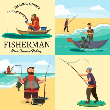 Çizgi film balıkçı yakalar balık tekne fisher oturan kümesi olta suya attı, mutlu fishman catch tutar ve spin, adam buz simge vektör çizim üzerinde balık sudan net çeker