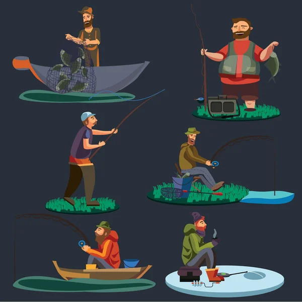 Fisherman catches fish sitting on boat and off shore,fisher threw fishing rod into water, happy fishman holds catch and spin, man pulls net out of the water, fishing on ice icon vector illustration — Stock Vector