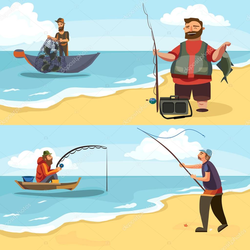 Fisherman in rubber boots throws a fishing rod with a line and crocheted into the water for fly-fishing, character man catches fish standing off shore with spin vacation concept vector illustration