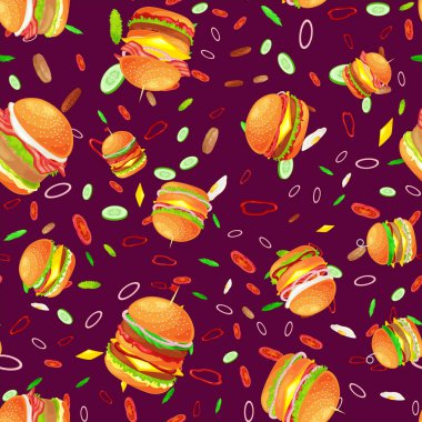 Dikişsiz desen lezzetli hamburger ızgara sığır eti ve taze sebze sos topuz için meze, Amerikan hamburger lokanta domates peynir vecor resimde arka plan ile giyinmiş