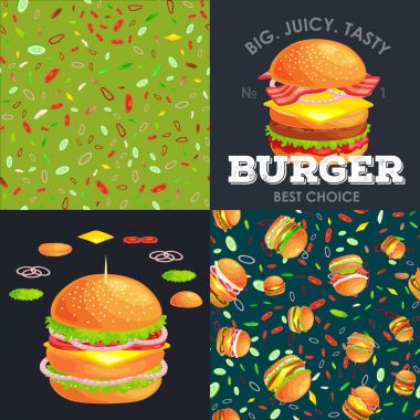 Izgara burger sığır eti ve taze sebze giyinmiş sos bun için meze, Amerikan hamburger fast food barbekü et yemek ekmek domates peynir, Hamburger vecor resimde arka plan ile