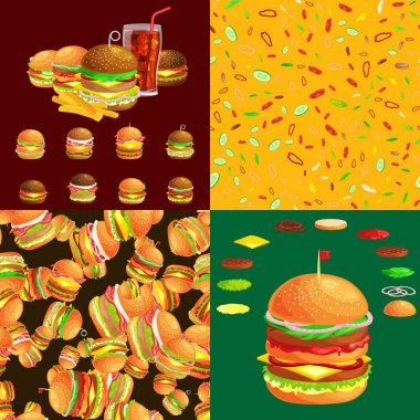 Izgara burger sığır eti ve taze sebze giyinmiş sos bun için meze, Amerikan hamburger fast food barbekü et yemek ekmek domates peynir, Hamburger vecor resimde arka plan ile