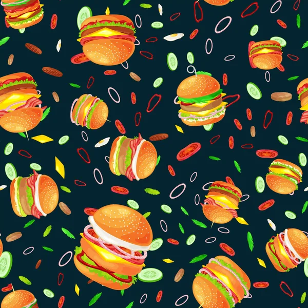 Seamless pattern tasty burger grilled beef and fresh vegetables dressed with sauce bun for snack, american hamburger fast food tomato cheese vecor illustration background — Stock Vector
