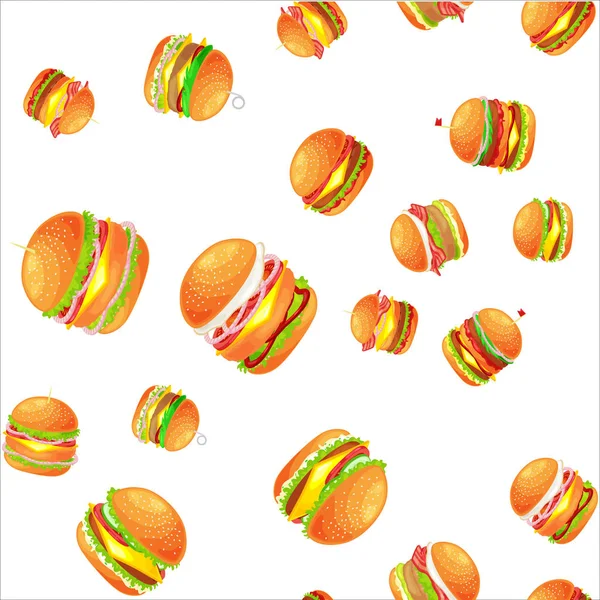 Seamless pattern tasty burger grilled beef and fresh vegetables dressed with sauce bun for snack, american hamburger fast food meal menu barbecue meat vecor illustration background — Stock Vector