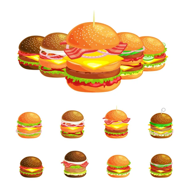 Set of tasty burgers grilled beef and fresh vegetables dressed with sauce bun for snack, american hamburger fast food meal French fries with cold soda brown ice drink vecor illustration background — Stock Vector