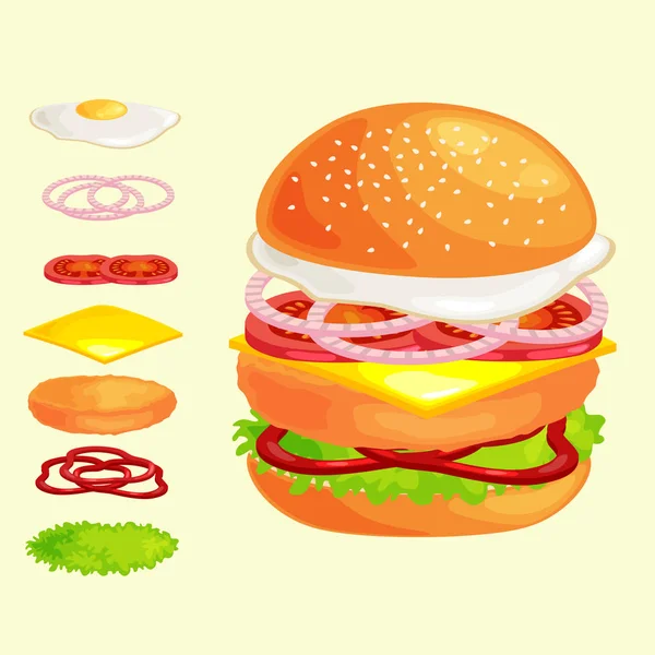 Ensemble de hamburger de bœuf grillé légumes habillés de sauce pain collation, hamburger menu repas rapide barbecue viande avec détail individuel tranches volantes menu ingrédients vecor illustration arrière-plan — Image vectorielle