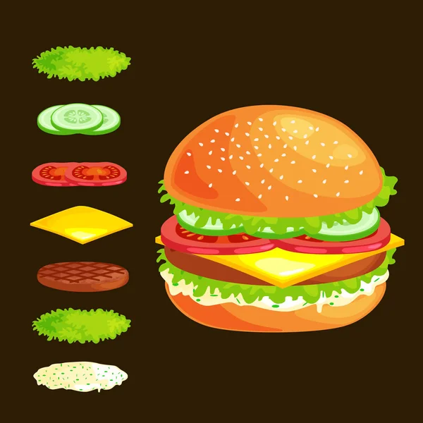 Uppsättning av burger grillad nötkött grönsaker klädd med sås bun mellanmål, hamburgare snabbmat måltid menyn grill kött med detaljerade individuella flygande skivor menyn ingredienser vecor illustration bakgrund — Stock vektor