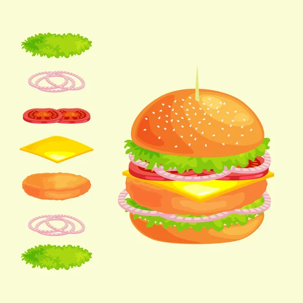 Uppsättning av burger grillad nötkött grönsaker klädd med sås bun mellanmål, hamburgare snabbmat måltid menyn grill kött med detaljerade individuella flygande skivor menyn ingredienser vecor illustration bakgrund — Stock vektor