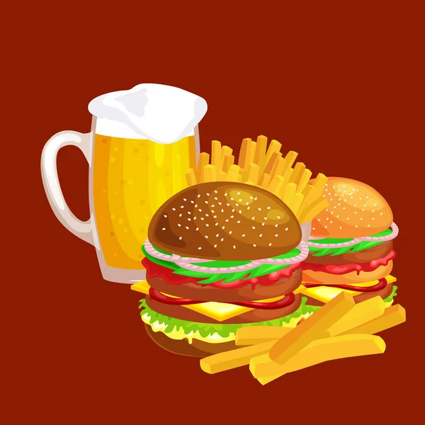 Aantal smakelijke hamburgers gegrild rundvlees en verse groenten met saus broodje voor snack, Amerikaanse hamburger fast-food maaltijd frietjes met koud gekleed dragen bruin ijs drankje vecor afbeelding achtergrond — Stockvector