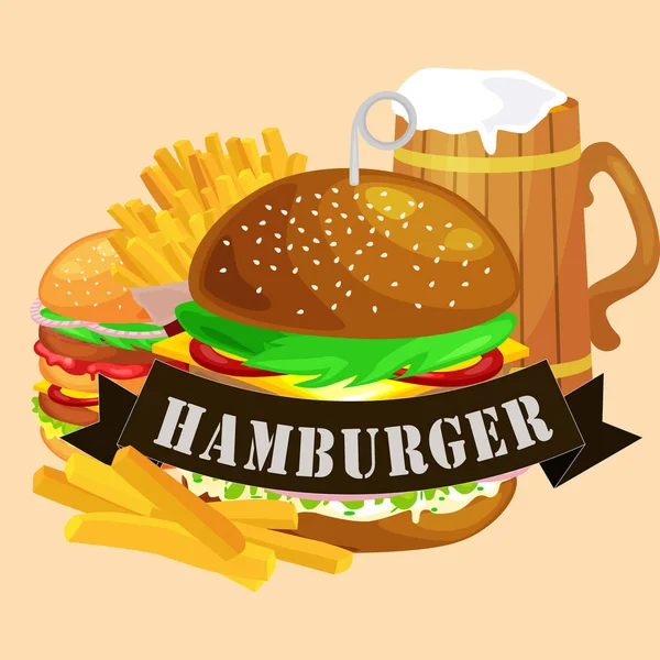 Conjunto de sabrosas hamburguesas a la parrilla de carne de res y verduras frescas vestidas con pan de salsa para aperitivos, hamburguesa americana comida rápida papas fritas con oso frío bebida de hielo marrón vecor fondo ilustración — Vector de stock