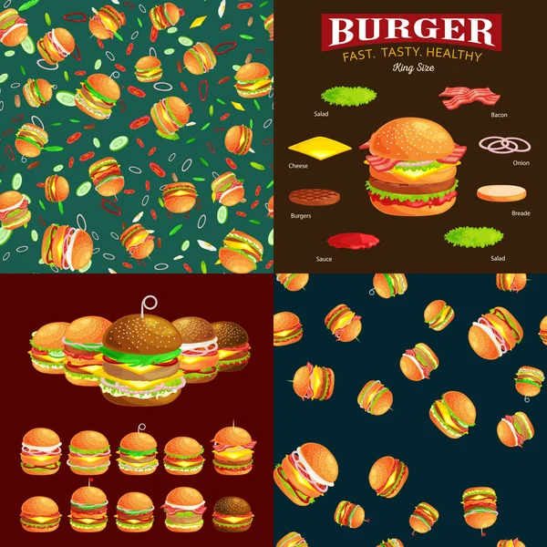 Izgara burger sığır eti ve taze sebze giyinmiş sos bun için meze, Amerikan hamburger fast food barbekü et yemek ekmek domates peynir, Hamburger vecor resimde arka plan ile