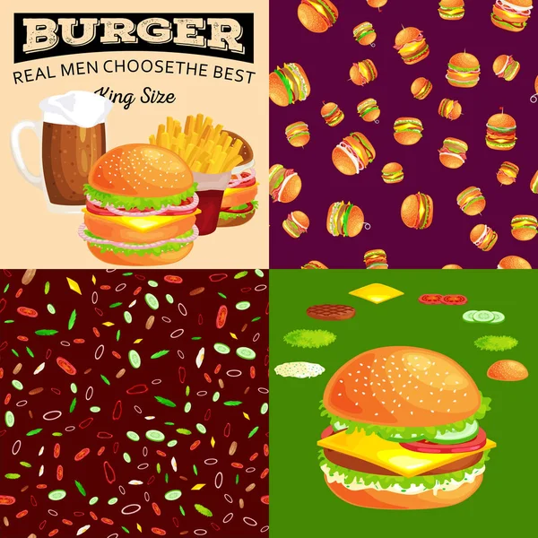 Set of burger grilled beef and fresh vegetables dressed with sauce bun for snack, american hamburger fast food barbecue meat meal with bread tomato cheese, Hamburger vecor illustration background — Stock Vector