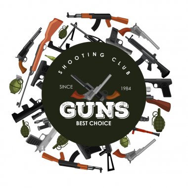 askeri silah ayarla, otomatik ve el silah mermi koruma shoting veya savaş toplama için av ekipmanları, mühimmat arka plan vektör çizim için tabanca ile dergi varil içinde