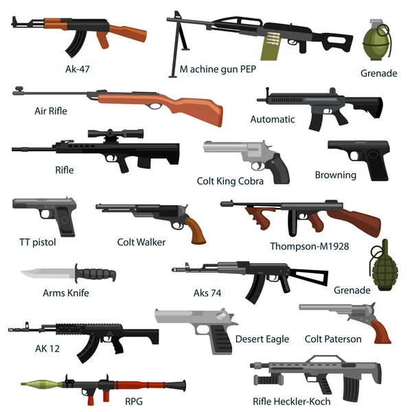 Militär pistol inställd, automatisk och hand vapen i tidningen fat med kulor för skydd shoting eller krig samling, handeldvapen för Jaktutrustning, ammunition bakgrund vektorillustration — Stock vektor