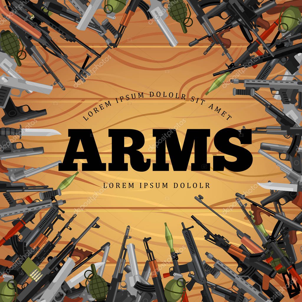 Military gun set, automatic and hand weapon in magazine barrel with bullets for protection shoting or war collection, handgun for hunting and police equipment, ammunition background isolated vector