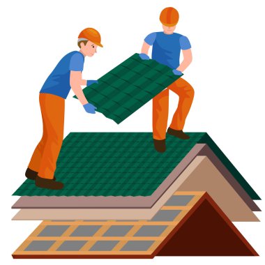 çatı inşaat işçisi onarım ev, açık havada yenileme konut vektör çizim emek ekipmanlı, iş araçları ellerinde erkeklerle çatı ustası çatı kiremit evi tamir yapı yapı