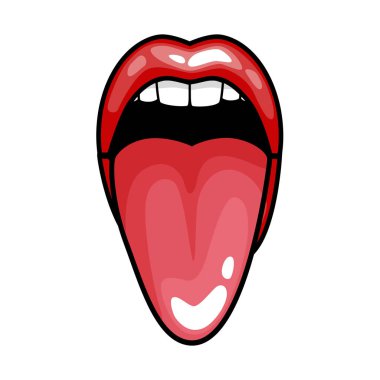 moda kızlar dudakları ile çizgi film pop sanat tarzı yama rozetleri, cool retro koleksiyonu etiket vektör çizim kırmızı ruj