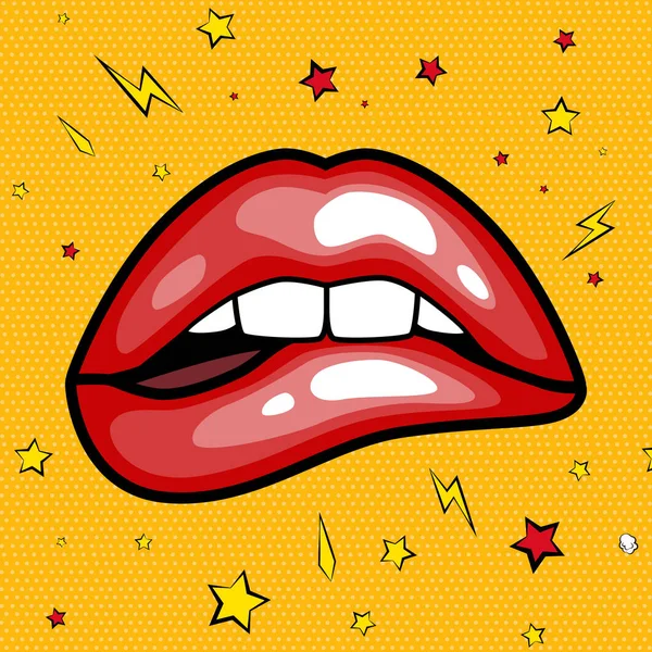 Moda ragazze labbra con rossetto rosso in cartoni animati stile pop art patch badge, cool retro collezione adesivo vettoriale illustrazione — Vettoriale Stock