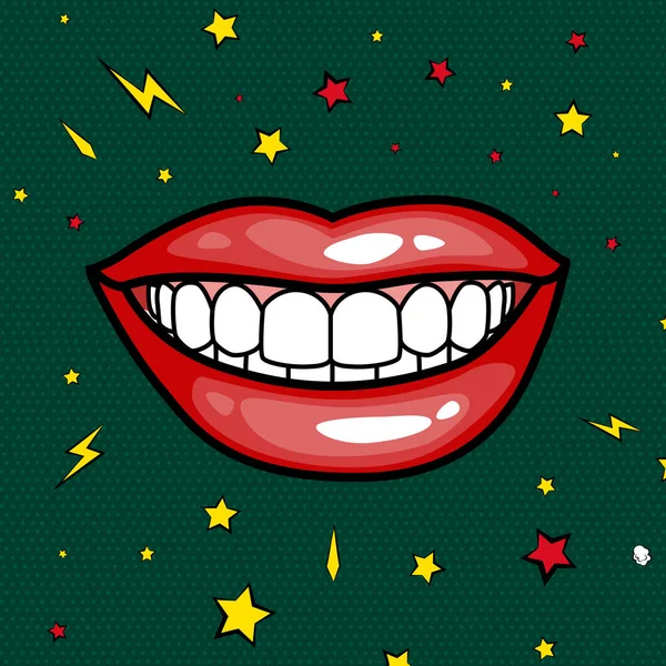 Mode Mädchen Lippen mit rotem Lippenstift in Cartoon-Pop-Art-Stil Patch-Abzeichen, coole Retro-Kollektion Aufkleber Vektor Illustration — Stockvektor