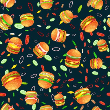 Dikişsiz desen lezzetli hamburger ızgara sığır eti ve taze sebze sos topuz için meze, Amerikan hamburger lokanta domates peynir vecor resimde arka plan ile giyinmiş