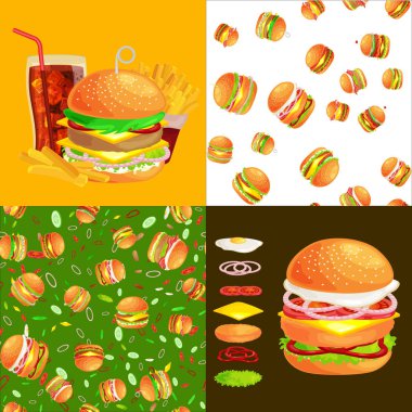 Izgara burger sığır eti ve taze sebze giyinmiş sos bun için meze, Amerikan hamburger fast food barbekü et yemek ekmek domates peynir, Hamburger vecor resimde arka plan ile