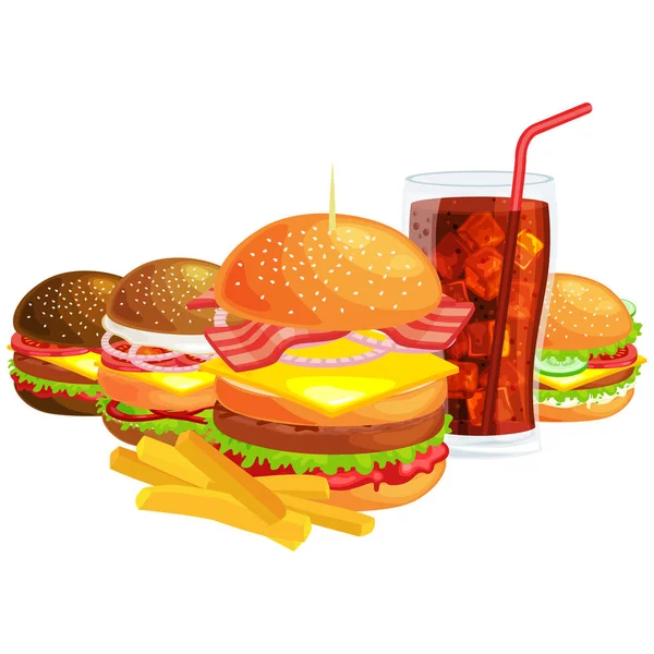 Set of tasty burgers grilled beef and fresh vegetables dressed with sauce bun for snack, american hamburger fast food meal French fries with cold soda brown ice drink vecor illustration background — Stock Vector