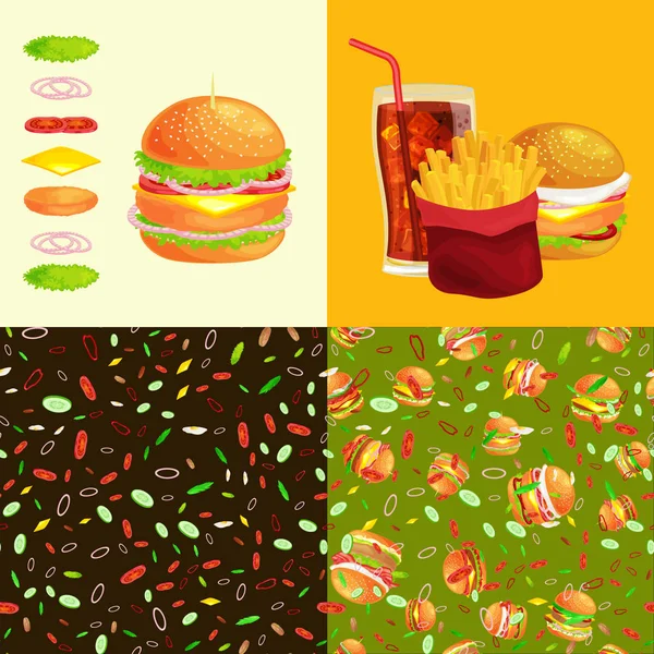 Set of burger grilled beef vegetables dressed with sauce bun snack, hamburger fast food meal menu barbecue meat with detailed individual flying slices menu ingredients vecor illustration background — Stock Vector