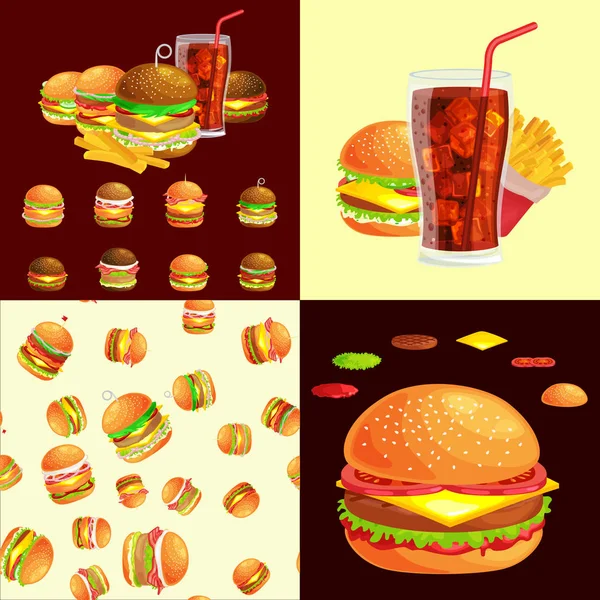 Set of burger grilled beef vegetables dressed with sauce bun snack, hamburger fast food meal menu barbecue meat with detailed individual flying slices menu ingredients vecor illustration background — Stock Vector