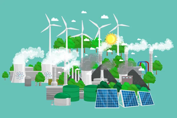 Icone dell'energia rinnovabile ecologia, energia verde città concetto di risorse alternative, l'ambiente salva nuove tecnologie, solare ed eolico illustrazione vettore di elettricità — Vettoriale Stock