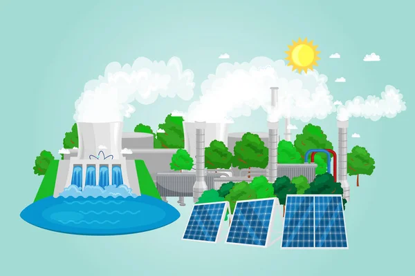 Ilustracja wektorowa ekologia odnawialne źródła energii ikony, zielone miasto energii alternatywnych zasobów koncepcja, środowiska Zapisz nowych technologii, energii słonecznej i energii elektrycznej z wiatru — Wektor stockowy
