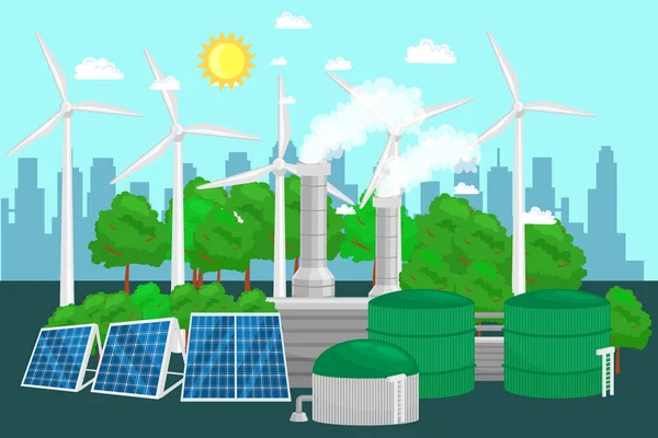 Концепция альтернативной энергетики зеленая энергия, сохранение окружающей среды, возобновляемые источники энергии турбины, ветер и солнечная экология электричество, векторная иллюстрация экологической промышленности — стоковый вектор