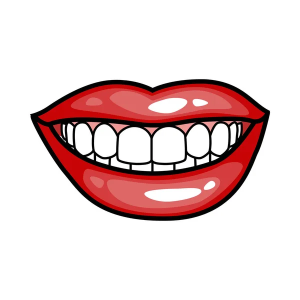 Mode Mädchen Lippen mit rotem Lippenstift in Cartoon-Pop-Art-Stil Patch-Abzeichen, coole Retro-Kollektion Aufkleber Vektor Illustration — Stockvektor