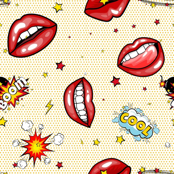 Seamless pattern cartoon comic super speech bubble labels with text, sexy open red lips with teeth, retro cartoon vector pop art illustration, halftone dot vintage effect background — Stock Vector