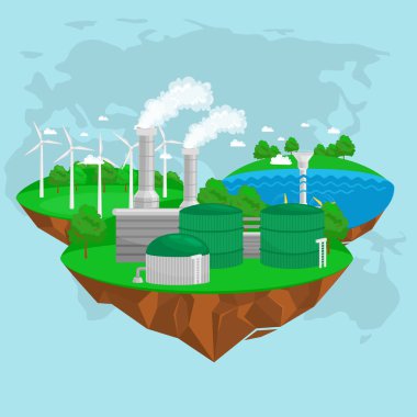 alternatif enerji yeşil güç kavramı, çevre kaydetmek, türbin yenilenebilir enerji, Rüzgar ve güneş ekoloji elektrik, ekolojik sanayi vektör çizim