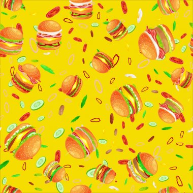 Dikişsiz desen lezzetli hamburger ızgara sığır eti ve taze sebze sos topuz için meze, Amerikan hamburger lokanta domates peynir vecor resimde arka plan ile giyinmiş