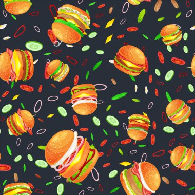 Dikişsiz desen lezzetli hamburger ızgara sığır eti ve taze sebze sos topuz için meze, Amerikan hamburger lokanta domates peynir vecor resimde arka plan ile giyinmiş