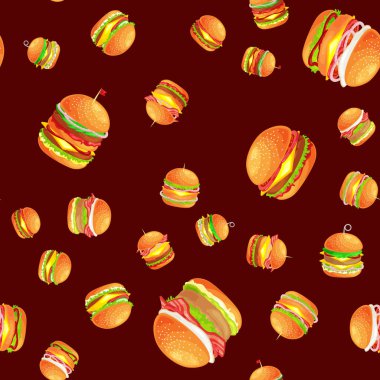 Dikişsiz desen lezzetli hamburger ızgara sığır eti ve taze sebze sos topuz için meze, Amerikan hamburger lokanta yemek menüsü barbekü et vecor resimde arka plan ile giyinmiş