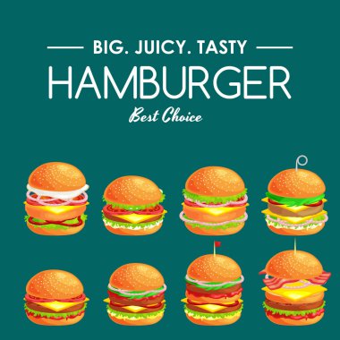 Lezzetli hamburger ızgara sığır eti ve taze sebze sos aperatif veya yemek, hamburger için topuz ile giyinmiş kümesidir klasik Amerikan fast food yemek her zamanki menü barbekü et ekmek domates peynir olabilir