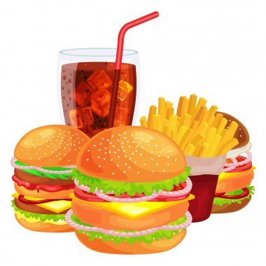 Lezzetli hamburger ızgara sığır eti ve taze sebze atıştırmak, soğuk gazoz kahverengi buz içki vecor resimde arka plan ile Amerikan hamburger fast food yemek patates kızartması için sos topuz ile giyinmiş