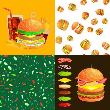 Izgara burger sığır eti ve taze sebze sos topuz aperatif Amerikan hamburger fastfood barbekü et yemek ile Hamburger menü malzemeler vecor resimde ayrıntılı uçan dilimleri ile giyinmiş