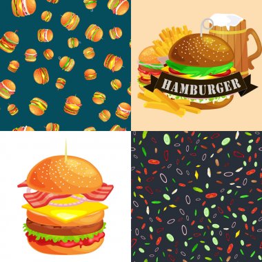 Izgara burger sığır eti ve taze sebze giyinmiş sos bun için meze, Amerikan hamburger fast food barbekü et yemek ekmek domates peynir, Hamburger vecor resimde arka plan ile