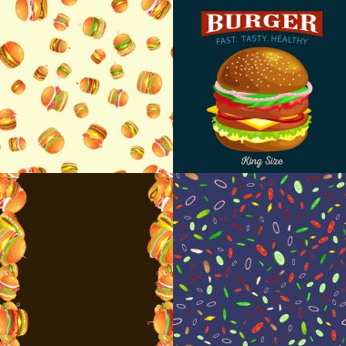 Izgara burger sığır eti ve taze sebze giyinmiş sos bun için meze, Amerikan hamburger fast food barbekü et yemek ekmek domates peynir, Hamburger vecor resimde arka plan ile