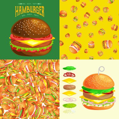 Izgara burger beef sebze kümesi ile sos topuz aperatif, hamburger lokanta yemek menüsü Barbekü eti detaylı bireysel uçan dilimleri menü malzemeler vecor resimde arka plan ile giyinmiş