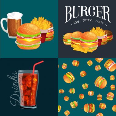 Izgara burger sığır eti ve taze sebze giyinmiş sos bun için meze, Amerikan hamburger fast food barbekü et yemek ekmek domates peynir, Hamburger vecor resimde arka plan ile